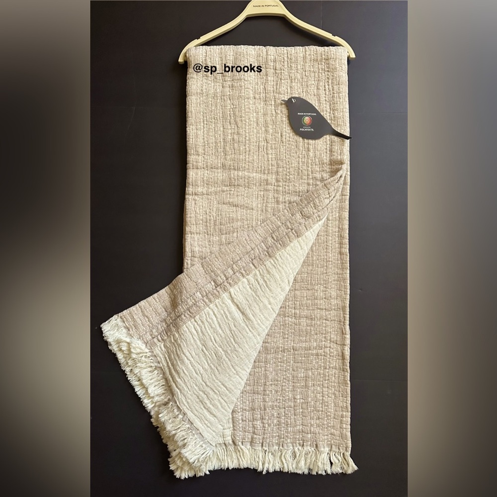 🎁Piscatextil Throw Blanket - Cotton - Taupe with Oatmeal Multi Linear Stitching